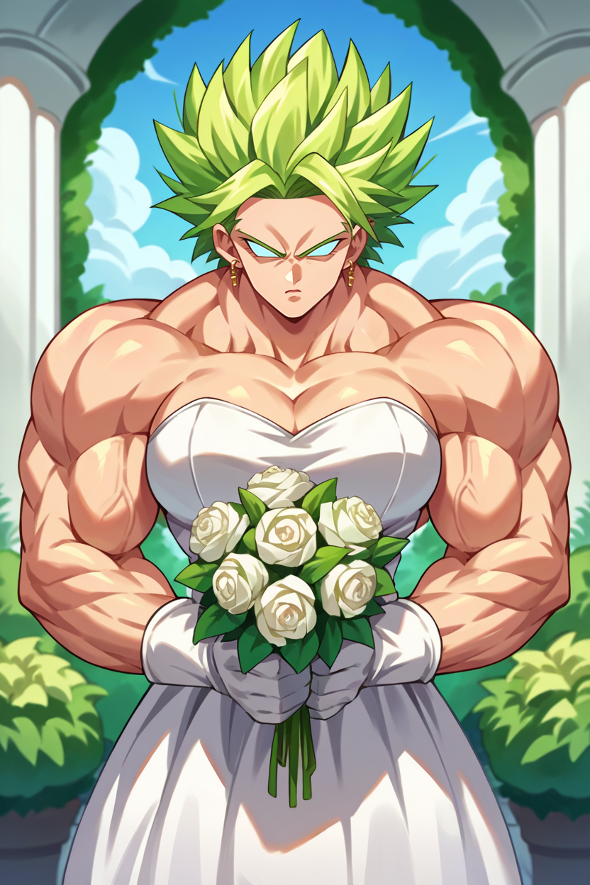 score_9, score_8_up, score_7_up, score_6_up, source_anime, 1girl, solo,  <lora:kale-pdxl-nvwls-v1-000007:1> bskKal, green hair, muscular female, no pupils, earrings, very muscular, wedding dress, white gloves, white dress, serious, clenched hands, garden, large breasts, holding bouquet