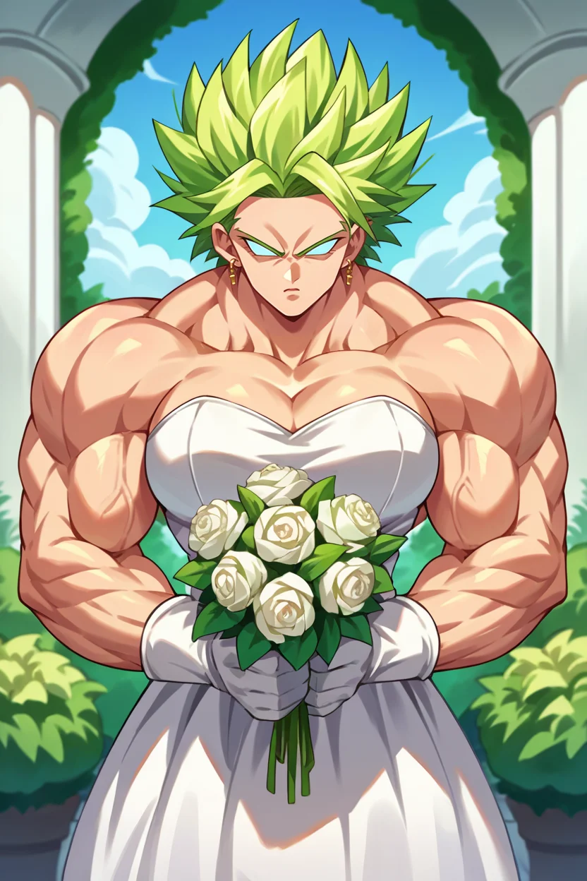 score_9, score_8_up, score_7_up, score_6_up, source_anime, 1girl, solo, <lora:kale-pdxl-nvwls-v1-000007:1> bskKal, green hair, muscular female, no pupils, earrings, very muscular, wedding dress, white gloves, white dress, serious, clenched hands, garden, large breasts, holding bouquet