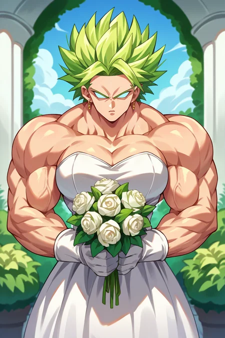 score_9, score_8_up, score_7_up, score_6_up, source_anime, 1girl, solo, <lora:kale-pdxl-nvwls-v1-000007:1> bskKal, green hair, muscular female, no pupils, earrings, very muscular, wedding dress, white gloves, white dress, serious, clenched hands, garden, large breasts, holding bouquet