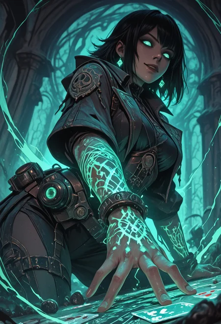 mysterious female gambler, punk mystic vibe, glowing eyes, smirking confidently, throwing glowing dice toward the viewer, enchanted playing cards, extreme foreshortening, dynamic action pose, camera angle from below, worm's-eye view, cinematic fantasy scene, dice in foreground appearing massive, sleek dark clothing with arcane glowing patterns, waist-up view, hand reaching toward the camera, glowing tattoos, energetic motion, dark magical saloon or ancient temple setting, mystical lighting, high detail, dramatic depth of field, visual intensity, bold composition, dark fantasy style, ultra sharp focus on eyes and dice