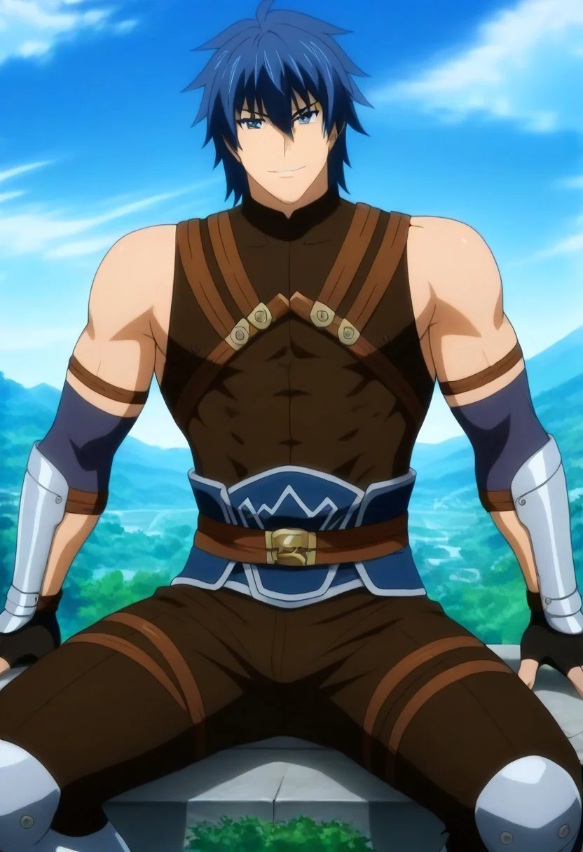 ((masterpiece)), ((best quality)), ((ultra-detailed)), ((absurdres)), score_9_up, score_8_up, score_7_up,
HD, top quality, best quality, amazing quality, High-quality illustrations, anime screencap, source_anime, best aesthetic, perfect proportions, perfect eyes, 1boy, 1male, solo boy, solo male, male focus, solo male focus, Akatsuki Ousawa, blue hair, blue eyes, Anime, boy, male anime character, anime boy, handsome, cute, charming, sexy, good-looking, brown shirt, sleeveless, elbow pads, arm straps, fingerless gloves, brown pants, multiple thigh straps, knee plate, silver greaves, brown shoes, ((smirk)), ((nature, mountains, open field)), ((front view, front shot, facing front, view from the front)), ((full body shot, head to feet shot)), easynegative, updn, Expressiveh, masterpiece, best quality, very aesthetic, absurdres