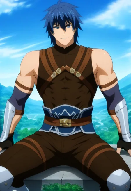 ((masterpiece)), ((best quality)), ((ultra-detailed)), ((absurdres)), score_9_up, score_8_up, score_7_up,
HD, top quality, best quality, amazing quality, High-quality illustrations, anime screencap, source_anime, best aesthetic, perfect proportions, perfect eyes, 1boy, 1male, solo boy, solo male, male focus, solo male focus, Akatsuki Ousawa, blue hair, blue eyes, Anime, boy, male anime character, anime boy, handsome, cute, charming, sexy, good-looking, brown shirt, sleeveless, elbow pads, arm straps, fingerless gloves, brown pants, multiple thigh straps, knee plate, silver greaves, brown shoes, ((smirk)), ((nature, mountains, open field)), ((front view, front shot, facing front, view from the front)), ((full body shot, head to feet shot)), easynegative, updn, Expressiveh, masterpiece, best quality, very aesthetic, absurdres