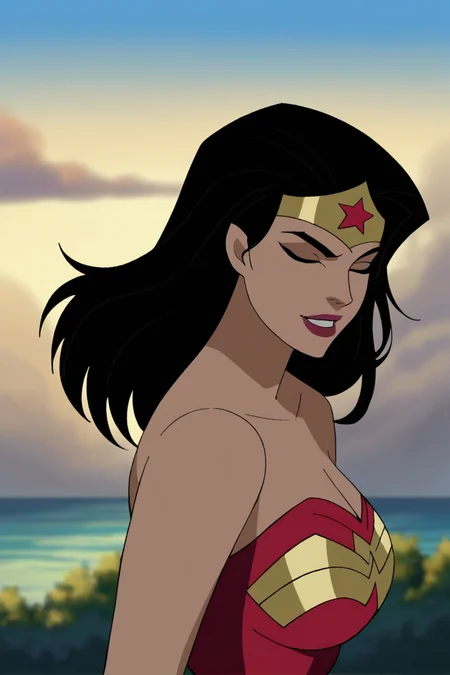 score_9, score_8_up, score_7_up,<lora:Wonder_Woman_JL_PDXL:0.8>, wonder woman, closed eyes, black hair, long hair, red lips, makeup, large breasts, tiara, strapless leotard, star (symbol), wonder woman outfit looking at viewer, soft smile, face focus, from side, close up, solo, outdoors, day, sky, best quality, high quality
