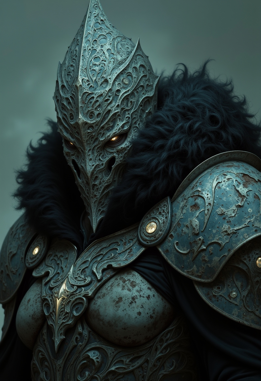 <lora:ck-painterly-fantasy-000017:0.8>, Digital fantasy Art in post-apocalyptic action style: A closeup shot of a grim figure as a witcher wearing power armor. His facial expression is a grimace. He is outfitted in a war-torn suit tinged with fur and dark colors, yet reveals the harsh realities of a post-apocalyptic world. Bleak dark grainy apocalyptic environment.
