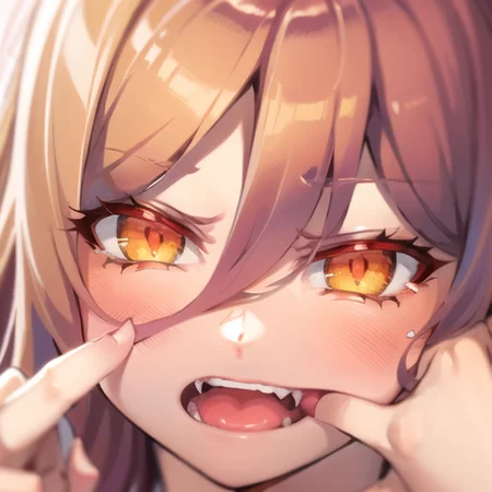 2d, masterpiece, best quality, anime, highly detailed eyes, highly detailed face, highly detailed background, bedroom, pov, pov hands, finger in another's mouth, open mouth, fang, pink hair, slit pupil, glowing eyes, red horns, corneo_power,<lora:fangInspectionDay_10AOM2:1> <lora:slitPupilsInpaint_slitPupils:1>