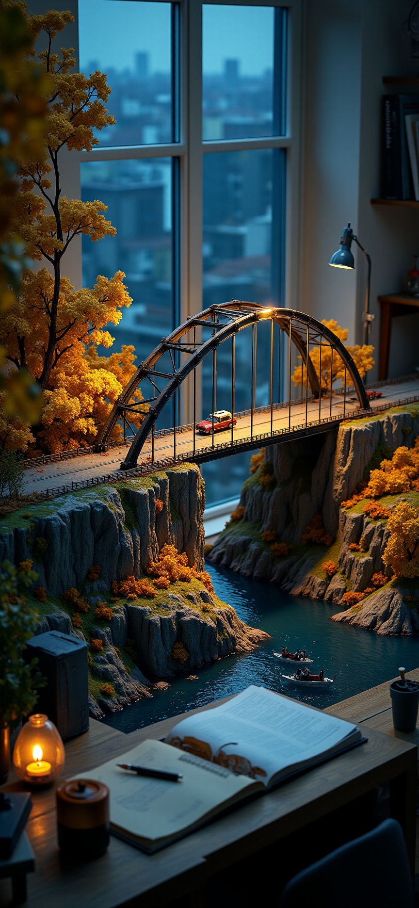 (indoor,very wide isometric view,tilt-shift lens:1.6), (windowless,miniature,miniature,diorama,miniature,diorama,PVC,plastic:2),starry night autumn ,grand_canyon,steel arch truss bridge,road,tunnel at (floating island,levitating  island:1.5) on (table:2) at (study:2.5)   <lora:Diorama_Flux:1>
