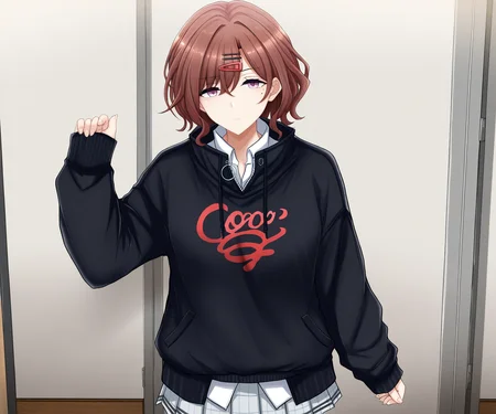 masterpiece, best quality, amazing quality, sfw, 1girl, solo, looking at viewer,
higuchi madoka, brown hair, short hair, wavy hair, hair ornament, hairclip, purple eyes, (mole under eye:0.8), white shirt, collared shirt, hood, sweater, open cardigan, black sweater, long sleeves, plaid skirt, skirt, grey skirt, pleated skirt , <lora:Poshi style ILL-v2:1> poshi_style