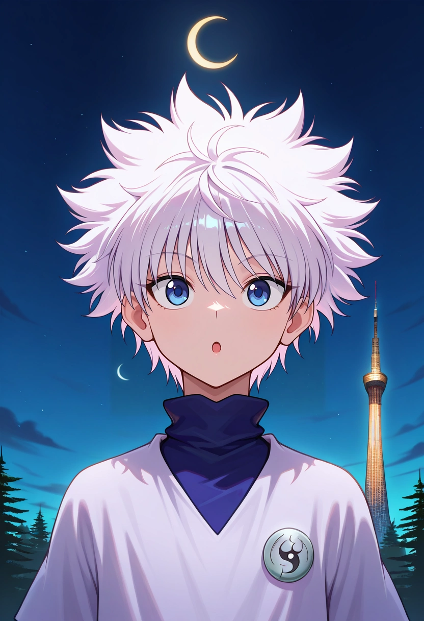 masterpiece, best quality, intricate details, , , , 1boy, solo, male focus, <lora:killua_zoldyck_ilxl:0.94>, killua_zoldyck, white hair, blue eyes, short hair, spiked hair, bangs, messy hair, upper body, skytree, night, crescent moon, (pose), :o,