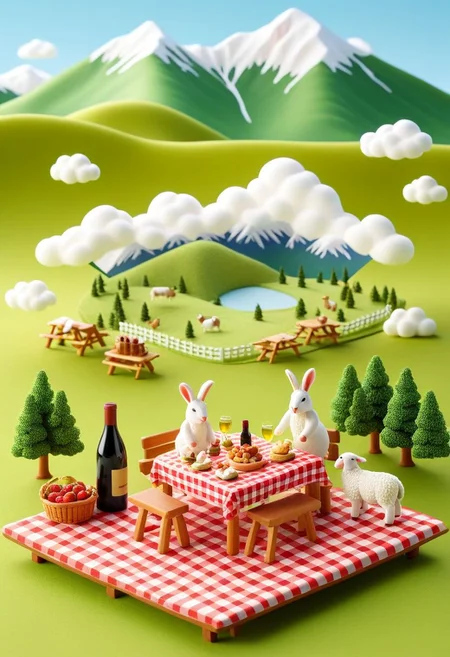 ispzxll, diorama, isometric, miniature, fluffy clouds, big open field, food on table, rabbits, sheep, cow, green grass, snow capped mountains, valley, picnic table, table, trees, wine bottle, checkered tablecloth, picnic