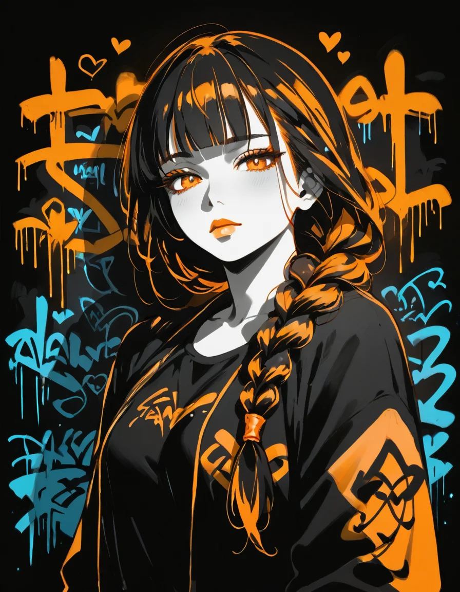 score_9, score_8_up, score_7_up,sexy pose,expressiveh,album cover,1girl,solo,long hair,braided ponytail,blunt bangs, blgStyle, black background,graffiti, flat lighting,orange theme, orange outline, black skin, monochrome,<lora:Blacklight_Graffiti_Style_Pony:1> <lora:Expressive_H:0.8>