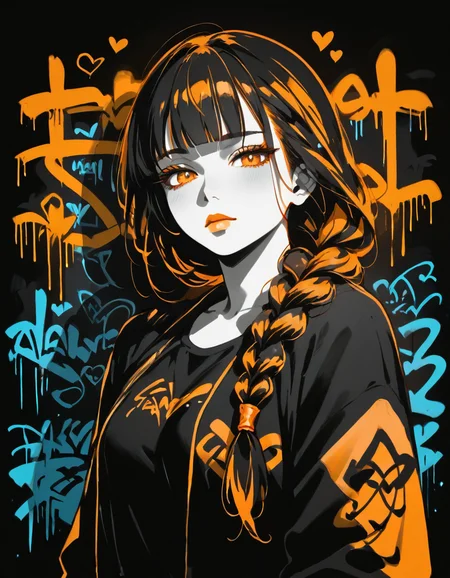 score_9, score_8_up, score_7_up,sexy pose,expressiveh,album cover,1girl,solo,long hair,braided ponytail,blunt bangs, blgStyle, black background,graffiti, flat lighting,orange theme, orange outline, black skin, monochrome,<lora:Blacklight_Graffiti_Style_Pony:1> <lora:Expressive_H:0.8>
