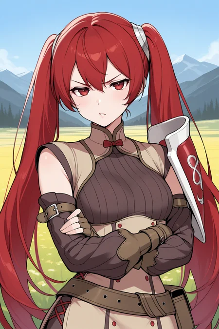 masterpiece, best quality, 1girl, solo, <lora:fesevera-illu-nvwls-v1-000006:1> serabase, red hair, twintails, very long hair, hair between eyes, red eyes, light brown dress, short dress, black sweater, sleeveless dress, detached sleeves, light brown sleeves, brown belt, fingerless gloves, brown gloves, single pauldron, upper body, looking at viewer, annoyed, parted lips, blue sky, mountains, field