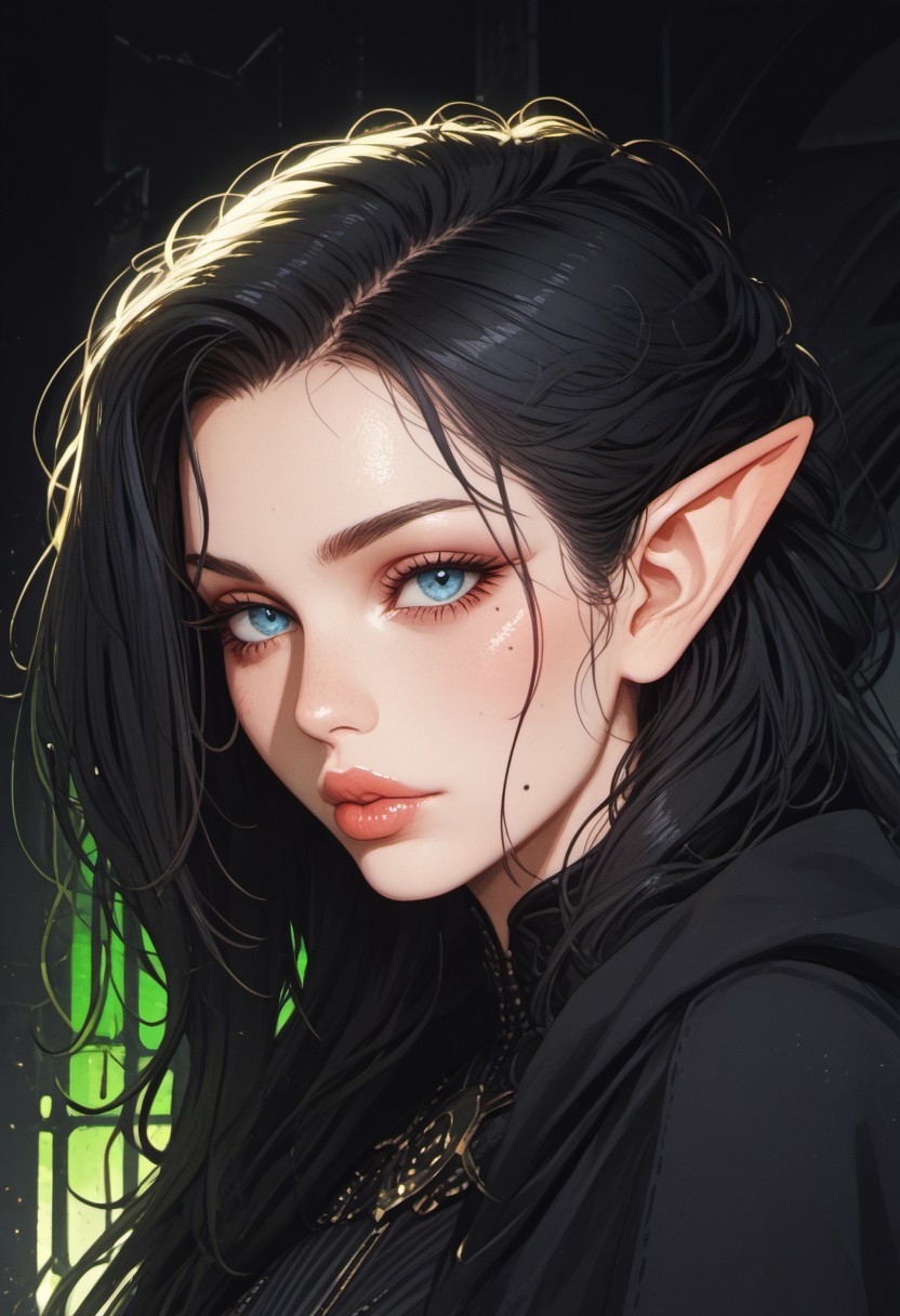 score_9, score_8_up, score_8, ((zPDXL3)), Science Fiction, Star Wars, perfecteyes, ultra detailed, high resolution, high quality, masterpiece, intricate details, intricate body, intricate landscape, knva, Expressiveh, European Instagram Model, upper body shot, low light, dungeon, ruins, green glow, black background, ard3nSW
BREAK
1girl, source_cartoon, mature female, Elf, pointed ears, beautiful, 30 years old, <lora:Darth Revan PONY v1.0:1> 7-darthrevan, 1girl, beautiful, (black hair), messy hair, blue eyes, pale skin, full lips, french, beauty mark mole, black cloak, looking at viewer,