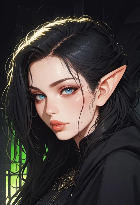 score_9, score_8_up, score_8, ((zPDXL3)), Science Fiction, Star Wars, perfecteyes, ultra detailed, high resolution, high quality, masterpiece, intricate details, intricate body, intricate landscape, knva, Expressiveh, European Instagram Model, upper body shot, low light, dungeon, ruins, green glow, black background, ard3nSW
BREAK
1girl, source_cartoon, mature female, Elf, pointed ears, beautiful, 30 years old, <lora:Darth Revan PONY v1.0:1> 7-darthrevan, 1girl, beautiful, (black hair), messy hair, blue eyes, pale skin, full lips, french, beauty mark mole, black cloak, looking at viewer,