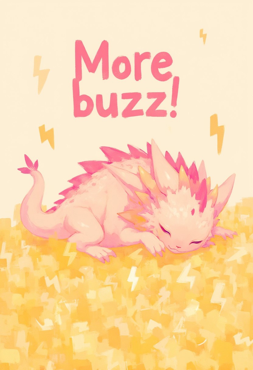 A tiny dragon asleep on a hoard of yellow lightning bolt symbols. Text in cute soft pink font "More buzz!" soft pastel anime