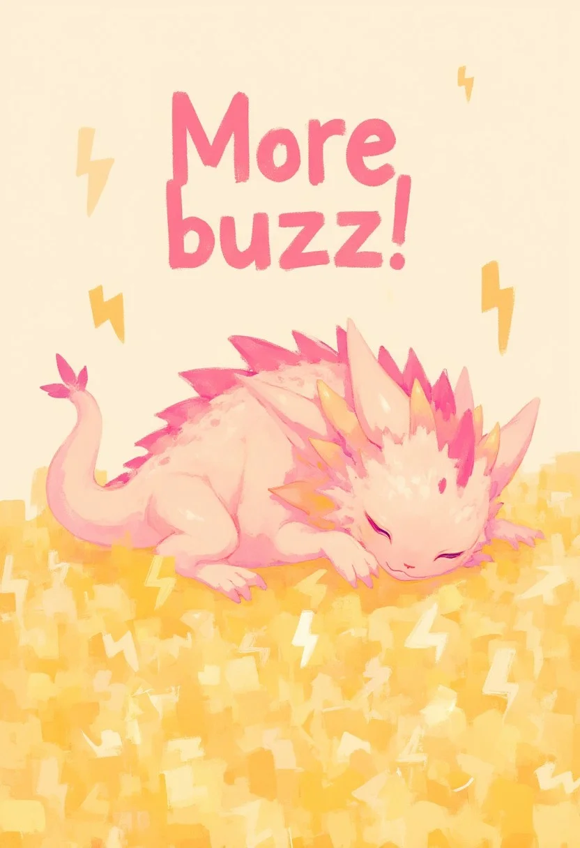 A tiny dragon asleep on a hoard of yellow lightning bolt symbols. Text in cute soft pink font "More buzz!" soft pastel anime