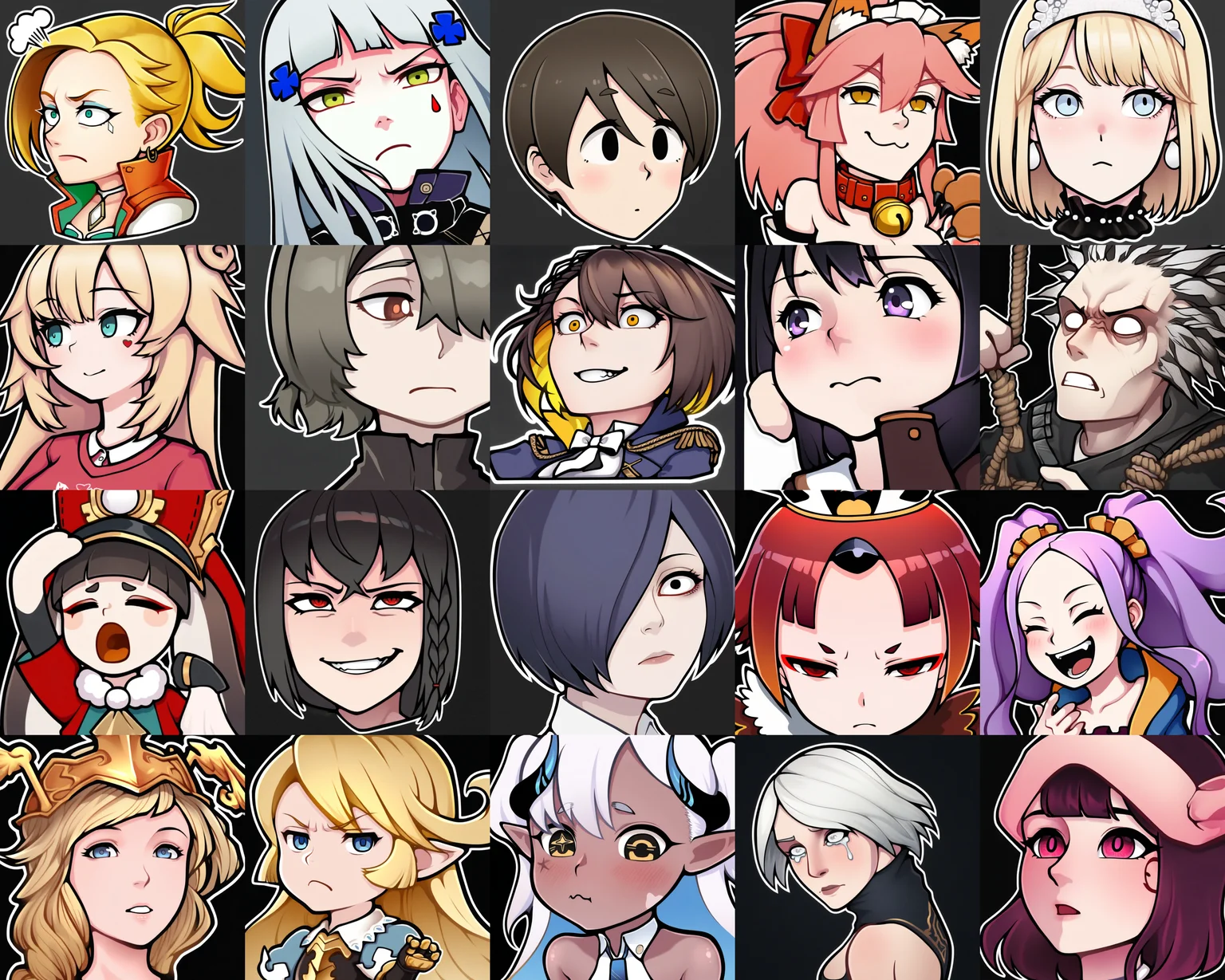 sticker, colorful, outline,
masterpiece, best quality, very aesthetic, absurdres,
__CharacterBooru__, __emotion__,
closeup, black background, simple background, <lora:StickerNoobLocon_byKonan:1>