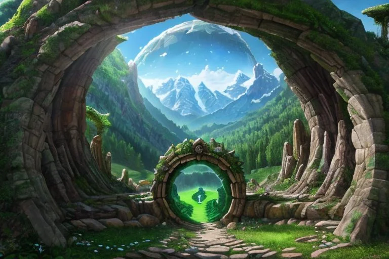 Hyperrealistic art, fanmou, lush green wooded mountain pass landscape, a fantasy Circular portal made of crystalz, Circular gate (Circular portal:1.3), fantasy, Nether Portal, portal, stargate, gateway, blue sky, Extremely high-resolution details, photographic, realism pushed to extreme, fine texture, incredibly lifelike,