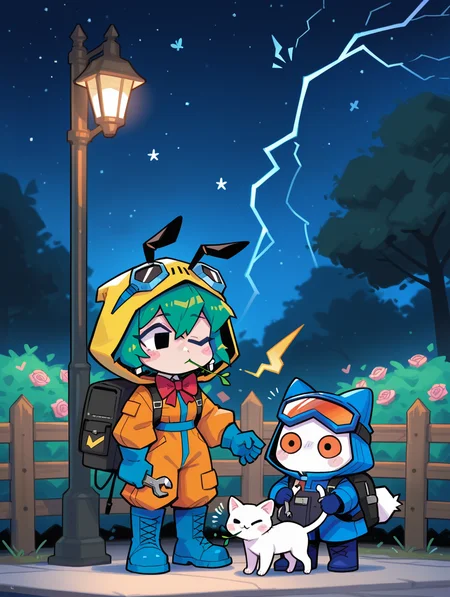 masterpiece, best quality, good quality, very aesthetic, absurdres, newest, 1girl, animal, backpack, bag, bee, black bag, black eyes, blue-framed eyewear, blue footwear, blue gloves, blush stickers, boots, bow, bowtie, bug, bush, cable, cat, chibi, cloak, clothed animal, collared jumpsuit, cross-laced footwear, ear covers, earrings, fence, fingernails, flower, gloves, goggles, goggles on head, green hair, holding, holding wrench, hood, hood up, hooded cloak, jewelry, jumpsuit, lamppost, lightning bolt symbol, long sleeves, looking at another, mouth hold, night, night sky, no mouth, one eye closed, orange-tinted eyewear, orange jumpsuit, outdoors, pink flower, pink rose, red bow, red bowtie, repairing, rose, short hair, sky, solid circle eyes, stalk in mouth, standing, star (sky), starry sky, tinted eyewear, tree, white cat, wrench, yellow cloak, <lora:ponyv5_noobE11_1_adamW-000013:0.7> <lora:MeMaXL4:0.3> <lora:namukijpg_ill:1>
