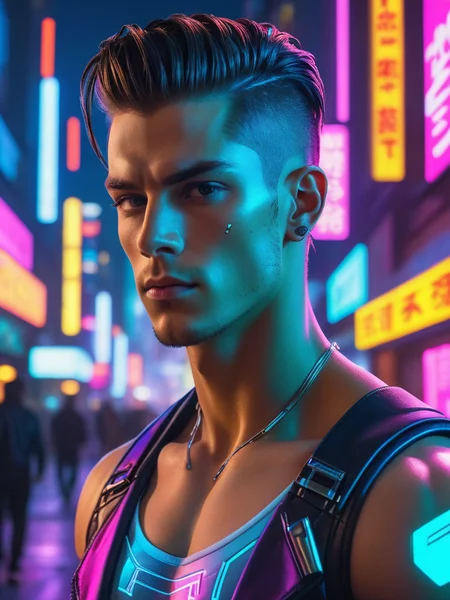 Photographic,absurdres,masterpiece,sharp focus,extreme detail description,male focus,muscular,abs, A realistic depiction of a young man with a slick back hairstyle, in a neon-lit cyberpunk city, with holographic displays around him, (futuristic), ((neon glow)), (((clear focus))), cyberpunk vibes, night city.