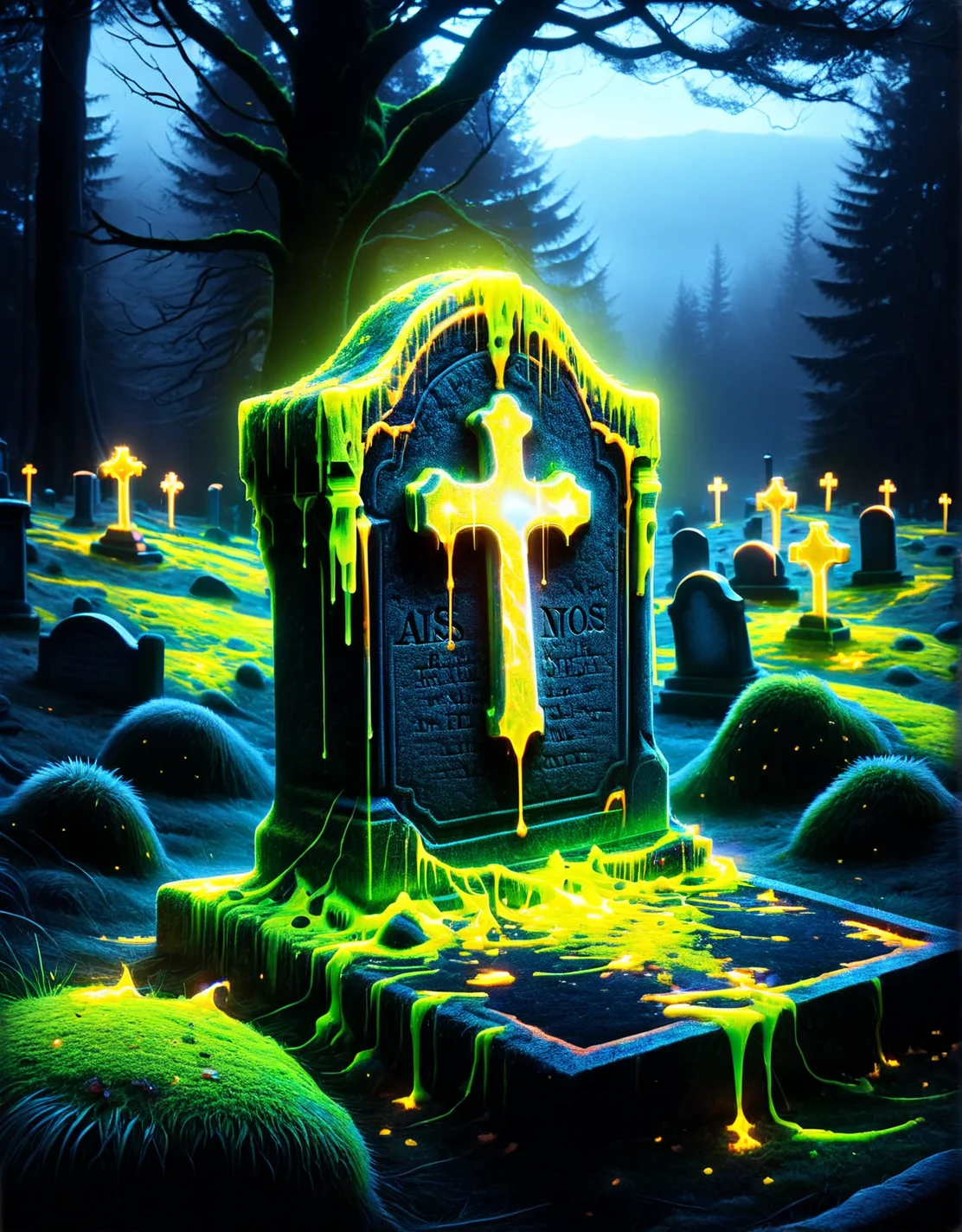 A weathered tombstone draped in moss, surrounded by a yellow ais-nnsplsh glow. <lora:ais-nnsplsh-sdxl:1>