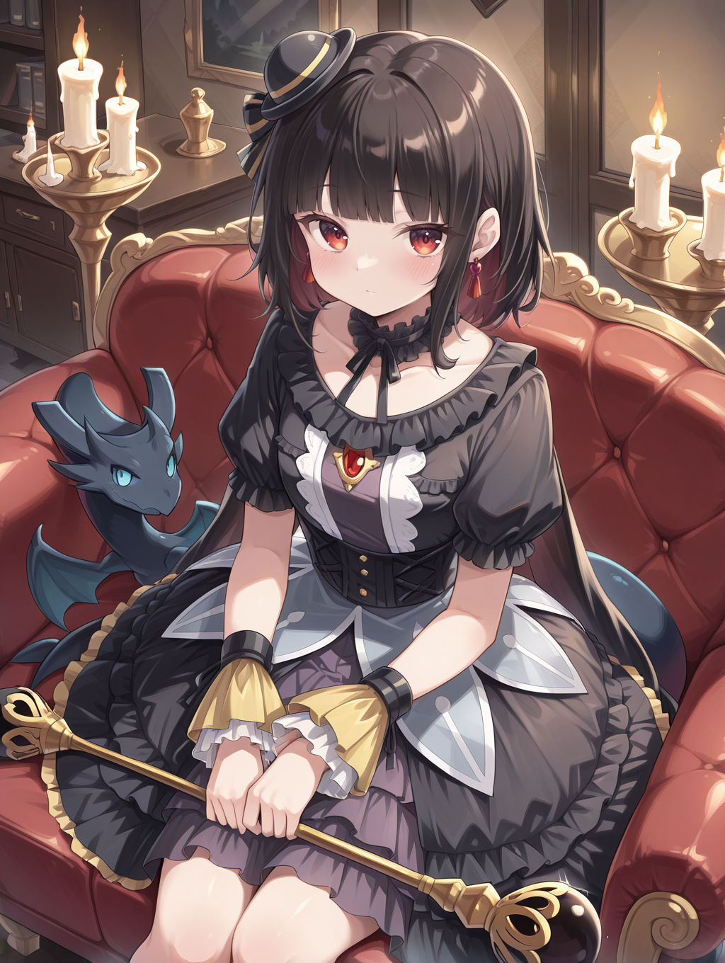 blunt bangs,moon of the closed heaven,1girl,candle,solo,sitting,couch,looking at viewer,indoors,red earrings,holding staff,blush,closed mouth,candlestand,staff,black frilled choker,black mini hat,black princess dress,yellow wrist cuffs,from above,black dragon,1other,
masterpiece,best quality,amazing quality,very aesthetic,apussbsurdres,newest,<lora:Moon of the Closed Heaven illuXL v1.1:0.72>,