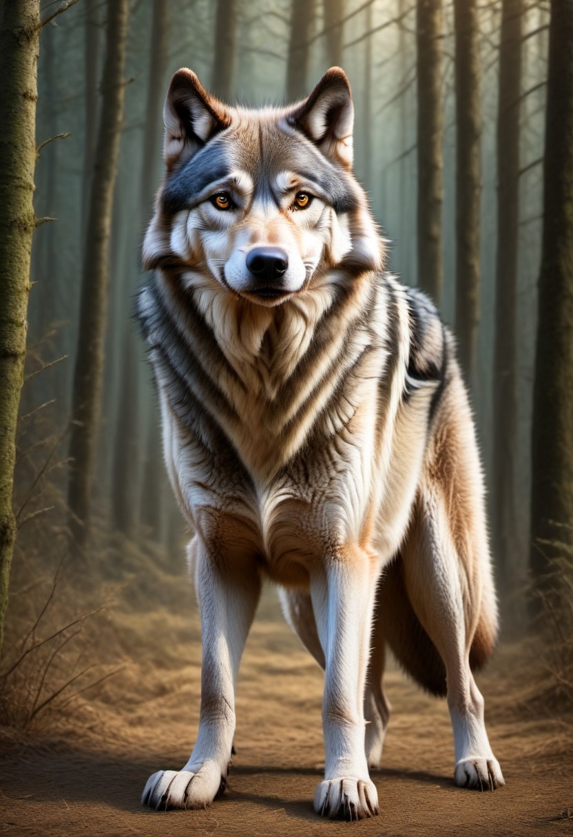 realistic image with high quality, excellent resolution, clear, detailed and well-focused images, detailed and correct anatomy, depicting a huge ((wolf )),dark,siphi tones,golden hour,forest river background,ultra-detailed image,fury expression aggression