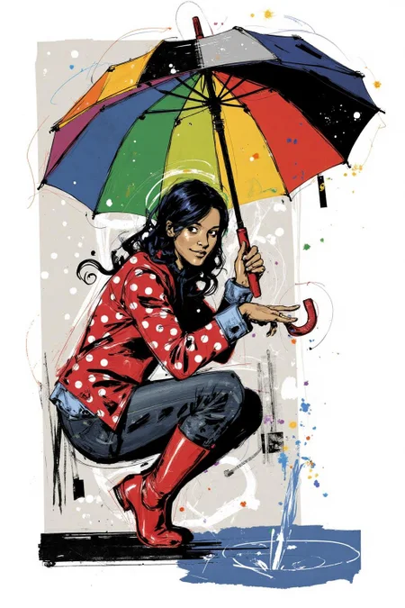 poster illustration.
A young woman, angled from slightly above and to the right, crouching low to the ground in a puddle. The young woman is wearing bright red rubber boots and a red jacket with white polka dots. The jacket sleeves are pushed up to reveal blue cuffs. The young woman also wears dark blue jeans. she extends her right index finger to touch the water in the puddle. Above the young woman is a large, open umbrella with rainbow-colored panels and a red handle. <lora:posterillustration_cap_d8a4e11:1.0><lora:846223246107074723:0>