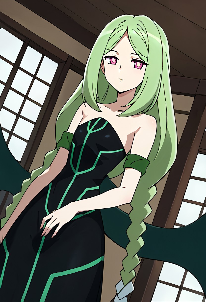 score_9, score_8_up, score_7_up, source_anime, 1girl, solo, momose kajitsu,Green hair, long hair, parted bangs, twin braids, pink eyes, small breasts, bare shoulders,Green striped black dress, long skirt,strapless, strapless dress,green armband, wings,indoor,Japanese style room,window,looking at viewer, solo,, cowboy shot, dutch angle,