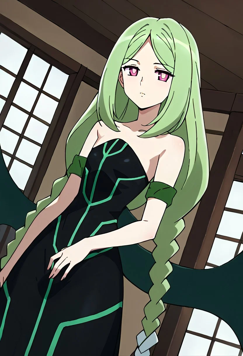 score_9, score_8_up, score_7_up, source_anime, 1girl, solo, momose kajitsu,Green hair, long hair, parted bangs, twin braids, pink eyes, small breasts, bare shoulders,Green striped black dress, long skirt,strapless, strapless dress,green armband, wings,indoor,Japanese style room,window,looking at viewer, solo,, cowboy shot, dutch angle,