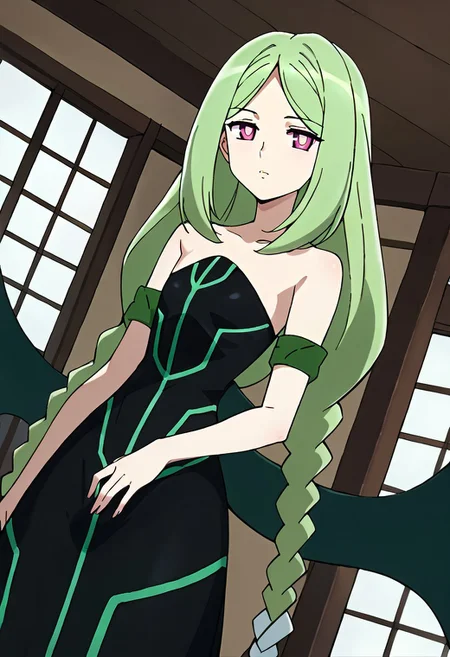 score_9, score_8_up, score_7_up, source_anime, 1girl, solo, momose kajitsu,Green hair, long hair, parted bangs, twin braids, pink eyes, small breasts, bare shoulders,Green striped black dress, long skirt,strapless, strapless dress,green armband, wings,indoor,Japanese style room,window,looking at viewer, solo,, cowboy shot, dutch angle,