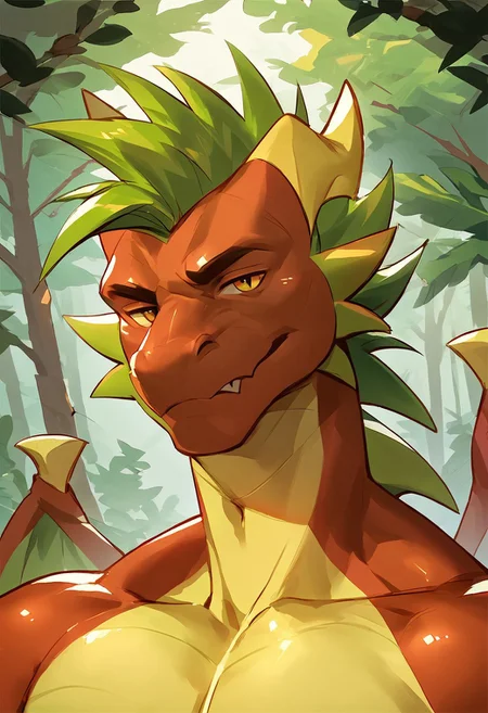 score_9, score_8_up, score_7_up, score_6_up, score_5_up, source_furry, solo, looking at viewer,
male, dragon, anthro, male, red skin, yellow underbelly, green spiked hair, thick tail, forest