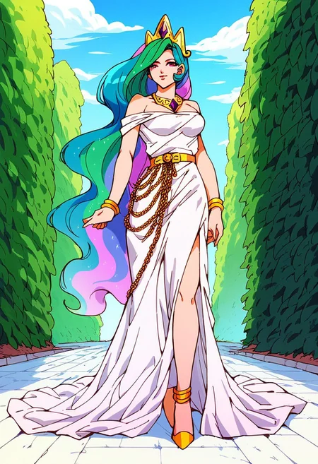 score_9, score_8_up, score_7_up, score_6_up, score_5_up, beautiful color,
aesthetic, 2d, ARTSTYLE_DragonBallZ_ownwaifu
fullbody shot, celestiabishoujo, princess celestia, 1girl, solo, fair skin, rainbow hair, long hair, pink eyes, white floor length dress, gold crown, gold necklace, gold belt chain, gold high heels, outdoors, parking lot, day