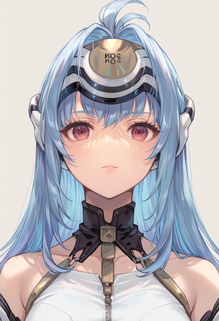 (score_9:0.9),score_8_up,score_7_up,rating_safe,anime style,(zPDXL),<lora:Kos-Mos v1 ponyXL v1:0.8>,kos-mos v1, 1girl, solo, looking at viewer, white forehead protector, expressionless, android, closed mouth, simple background, white background, portrait, lips, white highleg leotard