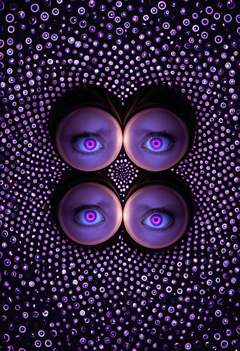 Collage style ecological art theme, three glowing balls on a floor with a black background and a blue light behind them, (16:0.9090909090909091), 8 k render, Clint Cearley, a1bs2trac1t, background, aura, . Mixed media, layered, textural, detailed, parody, artistic error, glowing, psychic, shadow, eyelashes, pink eyes, black background, looking at viewer, eye focus, straight-on, portrait, simple background, close-up, light, no humans, hole in floor, english text, purple theme, multiple views, dark, crossover,
A pair of human eyes. the eyes are large and round, with a pink iris in the center. surrounding the iris are smaller circles that appear to be glowing blue and purple. on either side of the eyes, there are two small figures, one with brown hair and the other with black hair. the figures are standing in front of a dark background with a patterned design. the overall mood of the image is mysterious and captivating.
 <lora:a1bs2trac1t:1><lora:Princess-SDXL:1>