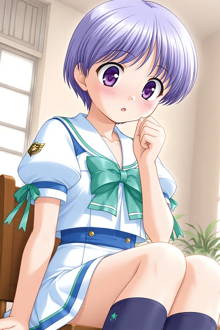masterpiece, best quality, absurdres, official art, official style, rating general BREAK <lora:tachibanachihiro_IL_v1-3:0.7>, tachibana chihiro, 1girl, solo, purple eyes, light purple hair, short hair, bangs, flat chest, summer uniform, school uniform, serafuku, sailor dress, white sailor collar, white dress, green bowtie, white shirt, puffy short sleeves, arm ribbon, green ribbon, waist ribbon, blue ribbon, white skirt, blue line skirt, miniskirt, kneehighs, dark blue socks, sitting, blush, open mouth, :o, knock-kneed, chair, stool, looking at viewer, surprised