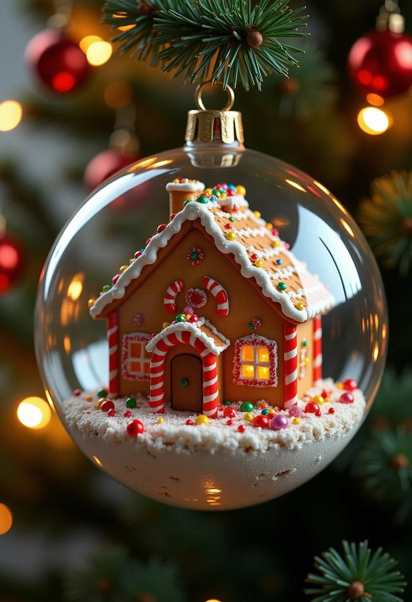 Create a high-quality, hyper-realistic, and extremely detailed image of a gingerbread house contained within a glass orb. The orb is hung on a Christmas tree, and the image is slightly zoomed out to showcase the entire sphere. The gingerbread house is intricately detailed, with candy cane pillars, a sugar cookie roof, and a variety of colorful candies and decorations. The glass orb is perfectly clear, with subtle reflections and refractions that enhance the realism of the scene. The Christmas tree is lush and green, with a variety of ornaments and lights, creating a festive background. The lighting is warm and soft, with the lights from the tree and the house casting gentle, cozy reflections within the orb, creating a magical and inviting atmosphere.