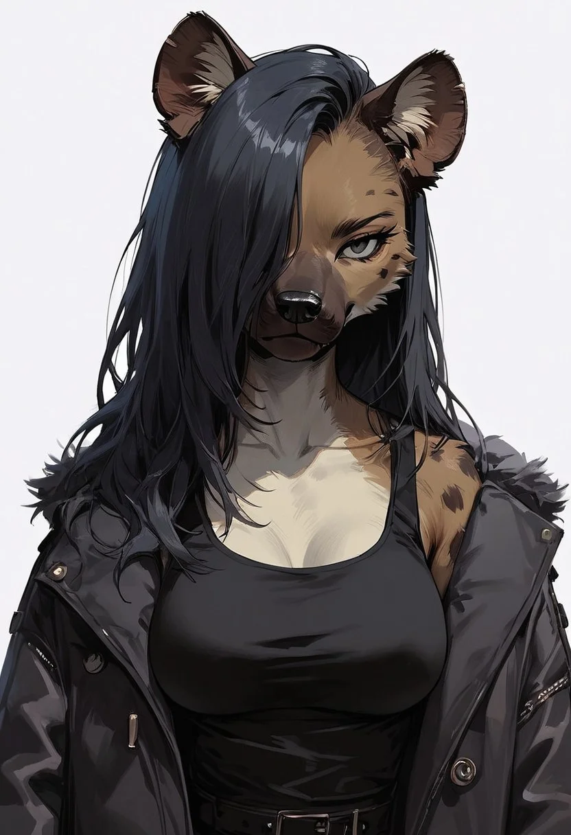 score_9, score_8_up, score_7_up, high detailed, high quality, masterpiece,
no text, quality highlights, 8k detail, source_anime, dynamic view, hentai,
ultra-detailed,
...
1girl, solo, ((furry girl)), ((furry hyena girl)),
female focus, expressiveh, long hair,
black eyes, (perfect slender body),
(medium breasts), hair over one eye,
(incredibly sexy), collarbone,
...
closed mouth, eyes wide, looking at viewer,
posing, focus on face,
standing, ((upper body)),
((black winter coat)), furr coat,
((black tank top)), side view,
((black latex mini skirt)),
...
(((white background)))