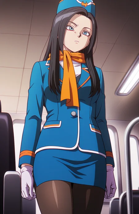 <lora:Daima_v4:1> dbdaima, solo, lazypos, anime screenshot,
1girl, flight attendant outfit, blazer, ribbon scarf, skirt, pantyhose, hat, gloves