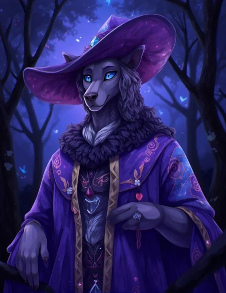 <lora:ck-LttleGhost-000011.safetensors:1> in the style of ck-lttlegh0stIn this breathtaking digital painting, a grey dog with piercing blue eyes dons extravagant wizard attire, including a majestic purple hat adorned with stars and swirling patterns. Its regal robe, replete with intricate ruffles and embroidery, mirrors cosmic designs in rich hues of purple, blue, and pink. The setting is a surreal twilight forest, where the artist's use of soft luminescent lighting creates an immersive atmosphere that heightens the mystical quality of the scene.