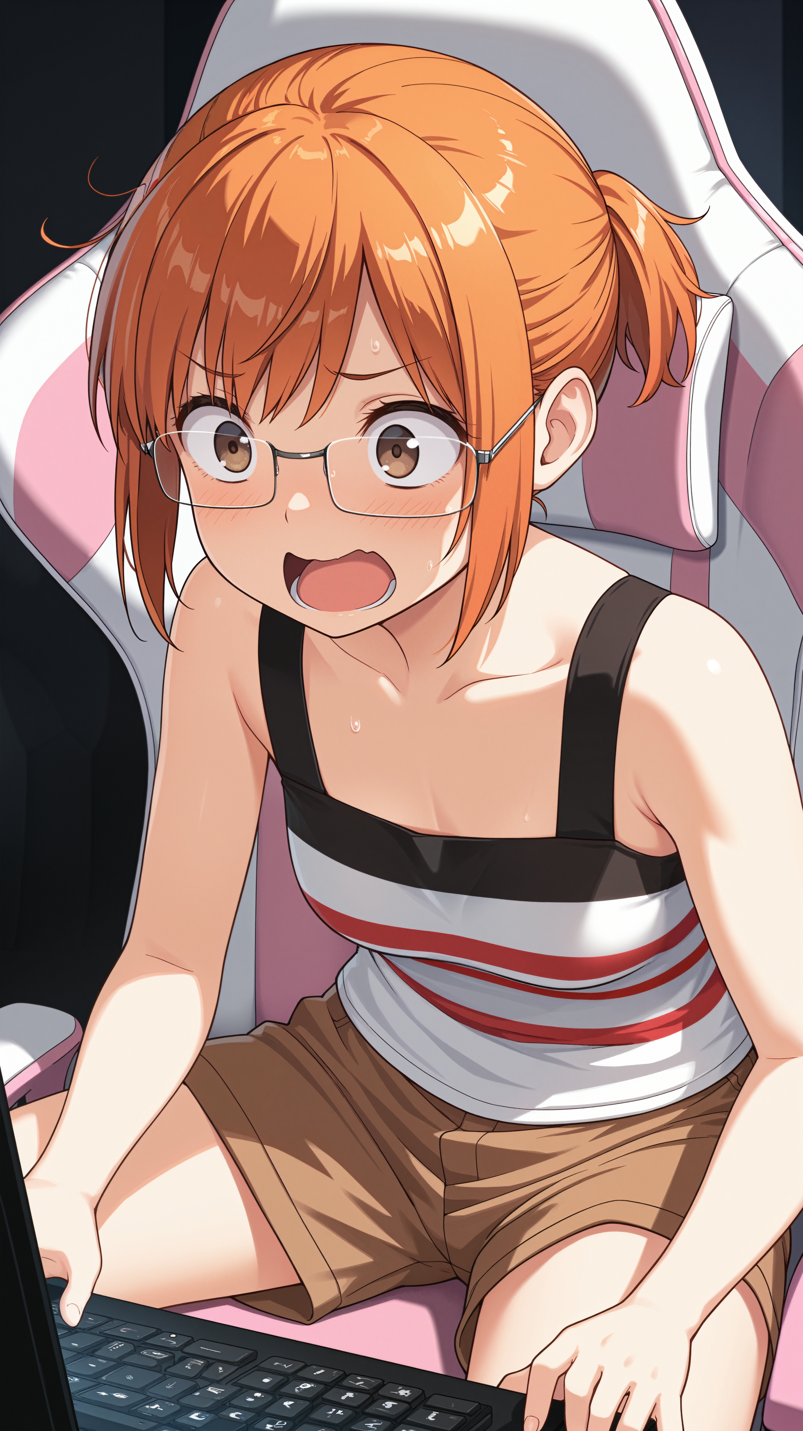 masterpiece, best quality, amazing quality, girl, dynamic pose, sitting, <lora:Chio Miyano - Illu:0.8>, short hair, orange hair, brown eyes, glasses, sidelocks, short ponytail, hair up, striped t-shirt, white and red stripes, black straps, sleeveless, brown shorts, gaming, gaming chair, solo, panicking,