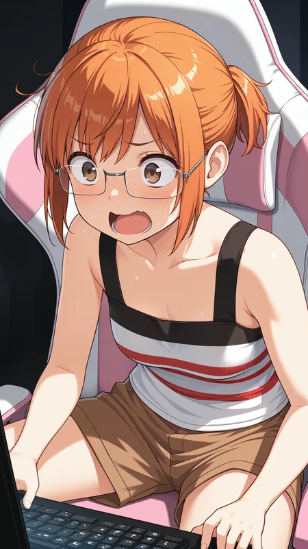 masterpiece, best quality, amazing quality, girl, dynamic pose, sitting, <lora:Chio Miyano - Illu:0.8>, short hair, orange hair, brown eyes, glasses, sidelocks, short ponytail, hair up, striped t-shirt, white and red stripes, black straps, sleeveless, brown shorts, gaming, gaming chair, solo, panicking,