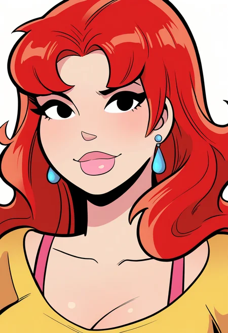 masterpiece, best quality, very aesthetic, absurdres,
1girl, cheryl, red hair, long hair, black eyes,
earrings,
yellow shirt, cleavage, upper body,
looking at viewer, solo, simple background, white background, <lora:CherylBlossomNoobXL_byKonan:1>