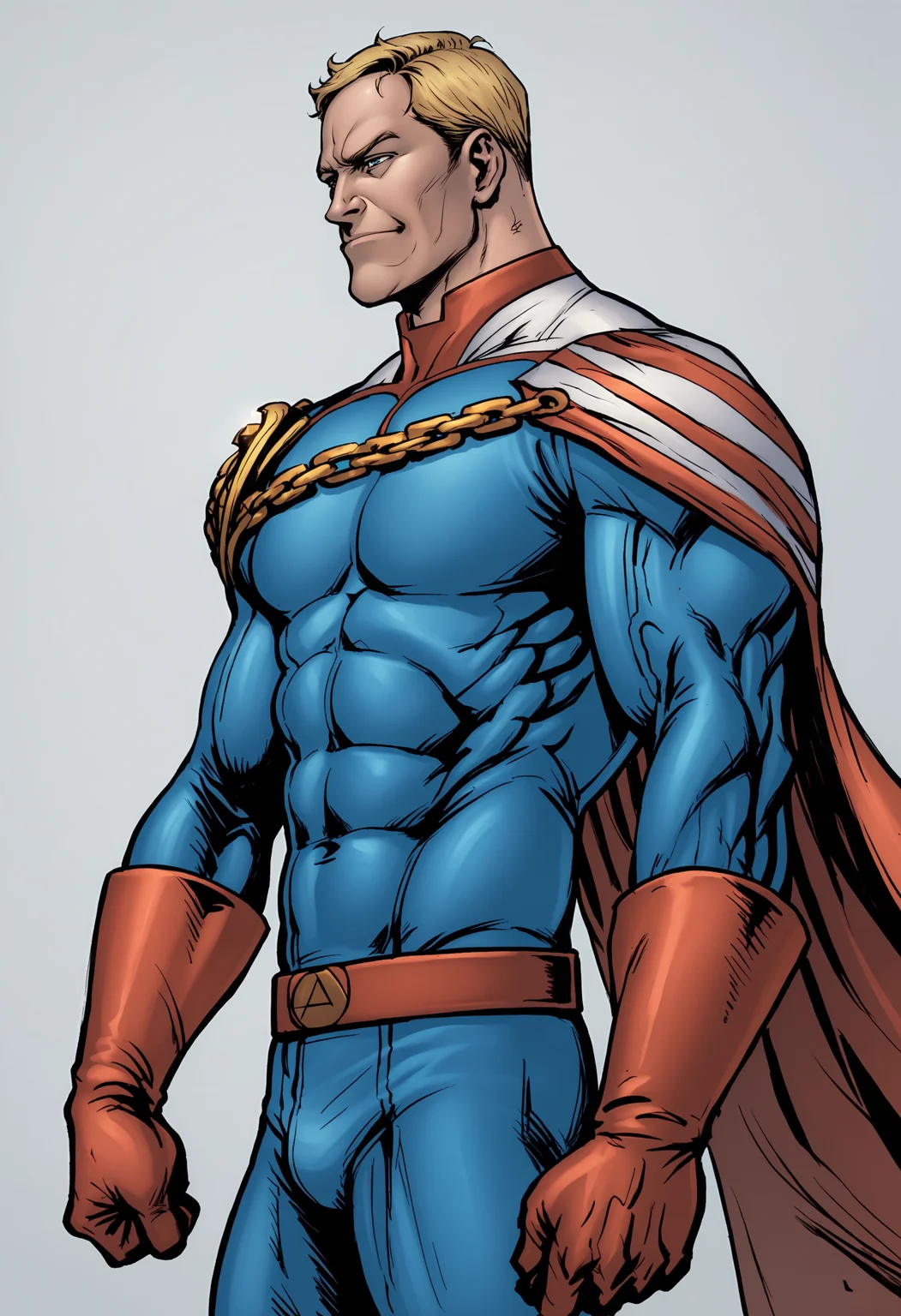 score_9, score_8_up, score_7_up, score_6_up, score_5_up, score_4_up1, 1boy, <lora:HomelanderComics:0.85> solo, blonde hair, blue eyes, abs, muscular, muscular male, muscular arms, muscular legs, superhero, cape, chain, bodysuit, gloves, belt, from side, smirk,
(light blue background), simple background,