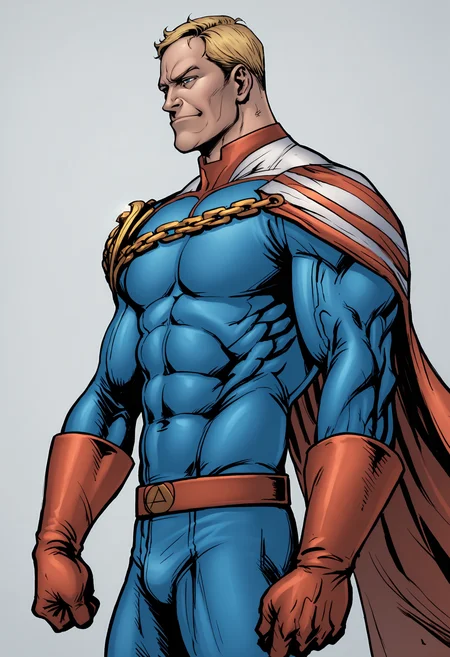 score_9, score_8_up, score_7_up, score_6_up, score_5_up, score_4_up1, 1boy, <lora:HomelanderComics:0.85> solo, blonde hair, blue eyes, abs, muscular, muscular male, muscular arms, muscular legs, superhero, cape, chain, bodysuit, gloves, belt, from side, smirk,
(light blue background), simple background,