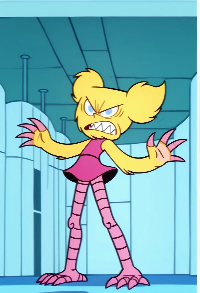 score_9, score_8_up, score_7_up BREAK DeeMon, 1girl, blonde fur, light blue eyes, sharp pointy teeth, pink claws, pink legs, sleeveless pink dress, flatshaded, flatshading, flat shading, screenshot, official art, parody, cartoon footage, official design, screencap, cartoon screenshot, official screenshot, 2d, cartoon, source_cartoon, solo, solo focus, angry at viewer, full body,