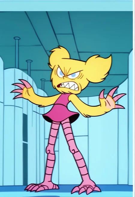 score_9, score_8_up, score_7_up BREAK DeeMon, 1girl, blonde fur, light blue eyes, sharp pointy teeth, pink claws, pink legs, sleeveless pink dress, flatshaded, flatshading, flat shading, screenshot, official art, parody, cartoon footage, official design, screencap, cartoon screenshot, official screenshot, 2d, cartoon, source_cartoon, solo, solo focus, angry at viewer, full body,