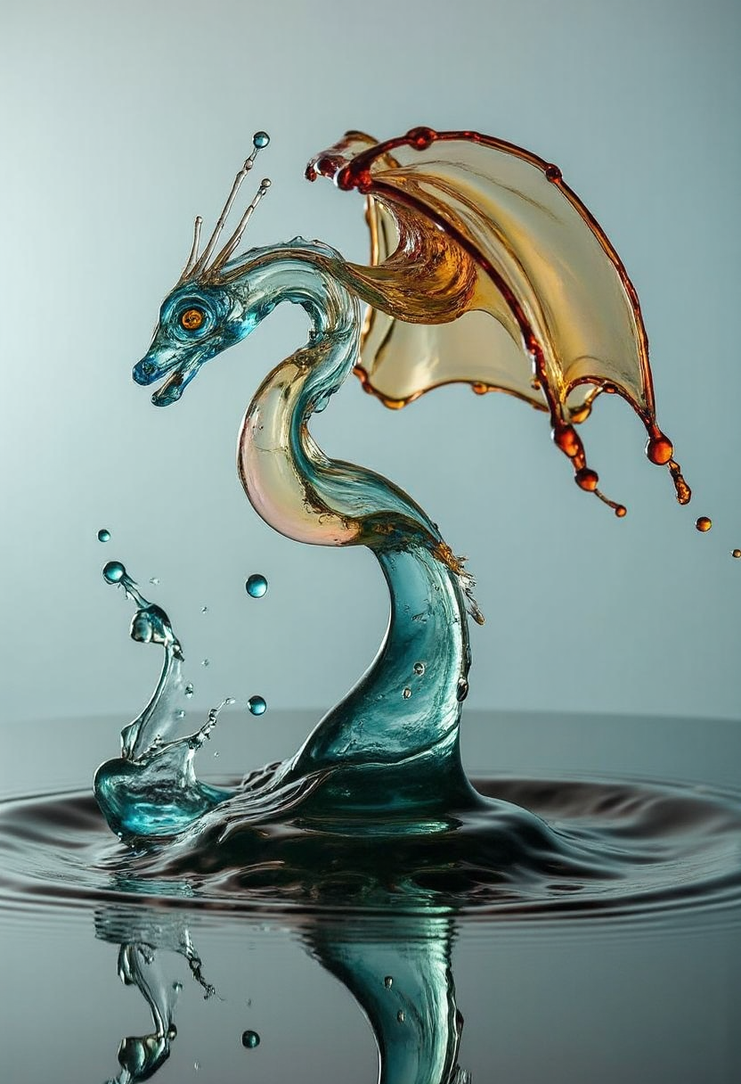 In the shape and style of a yfg-dr0p water drop splash photo of a , A majestic creature resembling a colossal, feathered serpent, soars above a fantastical landscape of floating islands, its scales shimmering with iridescent colors.