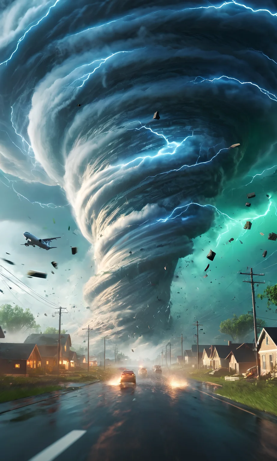 a giant tornado destroying a small town, wet road, thunder, lightning, epic, powerful, masterpiece, trending on artstation, best quality, clouds, vortex, green sky, stylized, unreal engine, rtx on, swirling, otherworldly, destruction, flying debris, eye of the storm, twister, cars in the air, houses sucked into the air, intricate, detail, in motion, airplane, power lines,