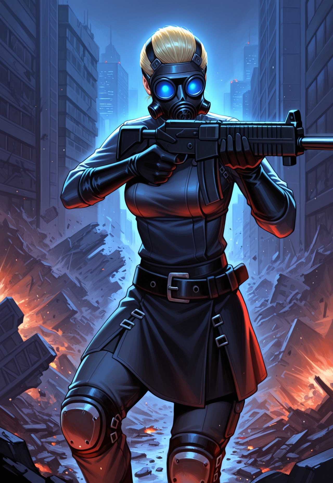 masterpiece, best quality, detailed, realistic, 1girl, solo, Bertha, short hair, Blonde hair, slicked back hair, gas mask, blue lenses, Coat, skirt, belt, elbow gloves, pants, knee pads, holding, assault rifle, aiming, city, at night, destruction,